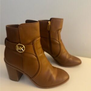 Michael Kors Cognac Leather Ankle Booties with Gold MK Accent, women’s 8.5